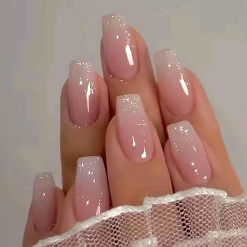 RabbFit French Tip Nails - Long Press Coffin Fake Nails, Pink Full Cover Glossy Nail for Women 24 PCS/Set