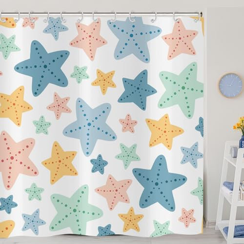 ASDCXZ Cortina de ducha para niños, 180 x 200 cm, bonita historieta, azul, amarillo, verde, naranja, estrella, para niñas, niños, baño, lavable, poliéster, impermeable, para baño, 12