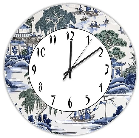 Home Decor Wood Wall Clock,Blue And Green Chinoiserie Pine Tree Chinese Pavilion Retro Silent Non-Ticking Battery Operated Rustic Wooden Clock 15 Inch Wall Art for Living Room Bedroom Cafe Pub