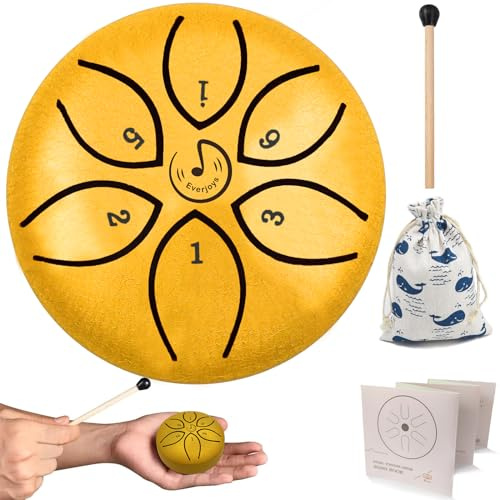Tamburo a mano in acciaio da 7,6 cm, 6 note, strumento a percussione etereo, borsa in tessuto etereo, libro musicale e mazzuole per educazione musicale, yoga, meditazione, guarigione mentale (oro)