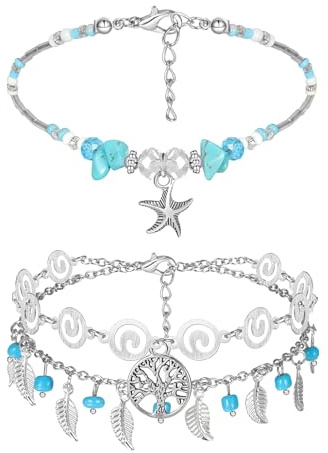 Pwsap 2 Pcs Bracelet de Cheville pour Femme, Réglable Bracelets de Cheville Boho Perle Chaîne Bijoux de Pied Dainty Layered Cheville Ensemble Cadeau Chaine De Cheville pour Femme Fille,Étoiles de Mer