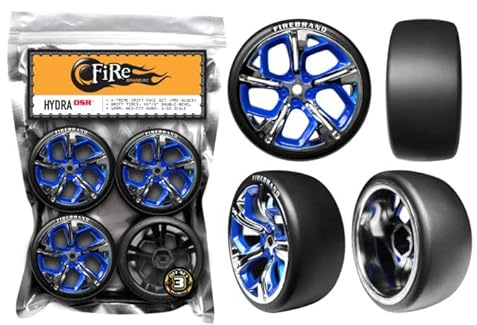 Fire Brand RC® Hydra–DSR™ BALLER’S BLUE™ & ICE-CHROME™ On-road Drift Wheels w/Sickle-R™ Drift Slick Race Tires, 1:10 Scale, 12mm Hex-fit w/3mm Off-set (Set of 4), Pre-glued