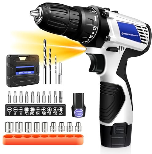 Huini 16.8V Cordless Drill,Electric Screwdriver Set,45Nm Cordless Combi Drill with 18+1 Torque Setting,1.5AH Li-ion Battery，23CS Accessories, LED Work Light,Home and Garden DIY Project Kit