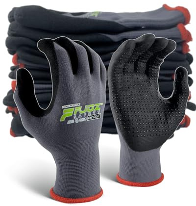 Work Gloves Foam Nitrile Coated with Grip Dots,12 Pairs Extra-Grip Ultra-light Breathable Touchscreen Seamless Knit Nylon Working Glove for Automotive Repair,Gardening,Handling, Assembly(Medium)