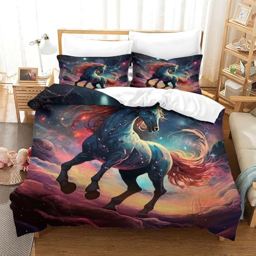 GUYDZOOM Pferd Bettbezug Set Bettwäsche-Sets Kinderbettwäsche Reißverschluss Mit Kissenbezügen Betten Set Für Jungen Und Mädchen, Kinder Single（140x200cm）