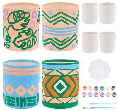 WEBEEDY 4 Styles DIY Keramik Sukkulenten Übertöpfe Malset Für Erwachsene Anfänger Bemalen Sie Ihre Eigenen Relief Keramiktöpfe Mit Ablaufloch Farben Pinsel Paletten