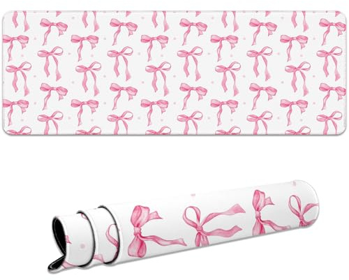 Ksriylm Cute Bow Desk Mat,Gaming Mouse Pad for Pc,31.5x11.8 Inch Mouse Mat,Rubber Non-Slip Base Gaming Mouse Mat,Stitched Edges Large Mouse Pad for Office and Home,Pink Bow