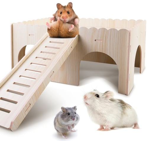 GOEDCH Grande casa di porcellini d'India con rampa 4 ingressi: criceto casa in legno, porcellini d'India accessorio per cincillà, criceto, coniglio, furetti, conigli, rimovibile 34 x 24 x 18 cm