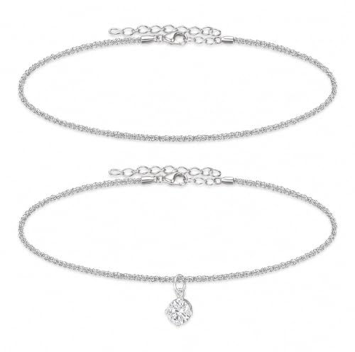 Kinwers Fußkette Damen Silberfarben 2er Set mit Anhänger Sommer Schmuck