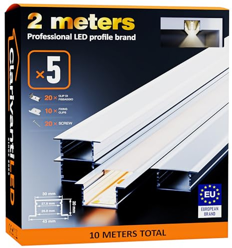 2m×5 Profili in Alluminio per Strisce LED Profilo Angolare Binario Profil per Strisce con Copertura Opaca Profilo striscie LED Cartongesso Profili Alluminio Battiscopa Veletta Soffitto canalina copri