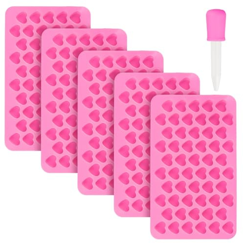 ZOENHOU 5 Stück Herzförmige Silikonformen Set, Eiswürfelform Silikon mit 1 Pipette, 55 Zellen Mini Backformen für Schokolade, Süßigkeiten, Seife und Gelee,18,2x10,8cm,Rosa