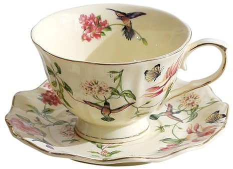 fanquare Vintage Spring Style Tea Cup and Saucer Set, 8 oz Porcelain Coffee Cup with Gold Trim, Flower and Bird Teacups for Women and Tea Parties