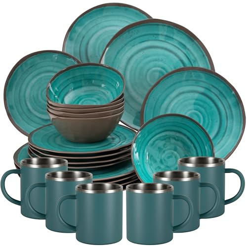 Service de table en mélamine turquoise pour 6 personnes 24 pièces avec tasses thermiques en acier inoxydable à double paroi – Aspect argile – Vaisselle de camping et pique-nique Idéal pour le camping