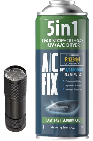 AC FIX 5-i-1 – R1234yf + ficklampa Köldmedium för bilens luftkonditionering med olja, tätningsmedel, UV-färgämne, torkmedel – Snabb applicering – Skyddar kompressorn