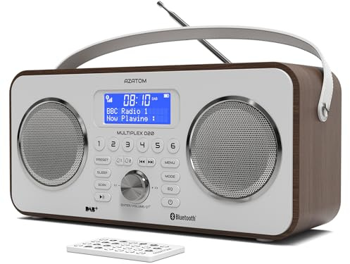 DAB/DAB+ & FM Portable Digital Radio | Bluetooth | Remote Control | Rechargeable Battery | Dual Alarms & Sleep Timer | Perfect for Home, Office or Outdoors | AZATOM Multiplex D20 (Walnut)