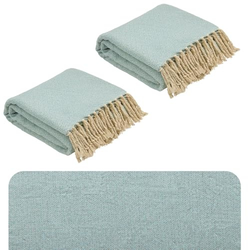 Marrakesch 2er Set Decke Tagesdecke aus Baumwolle 125x150 cm klein | Sofadecke Überwurf für Couch & Sofa | Kuscheldecke Bettdecke im Wohnzimmer Schlafzimmer | Wohndecke Boho mit Fransen Blau
