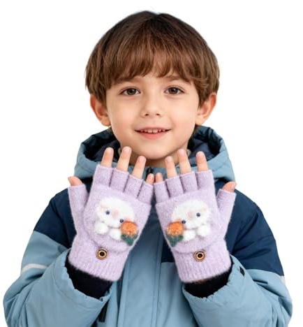 FakeFace Mitaine avec Rabat pour Enfant Mitaine d’Hiver Fille garçon Gants Demi-Doigts à Rabat Gants Chaudes D'hiver pour Garçons et Filles de 4 à 8 Ans