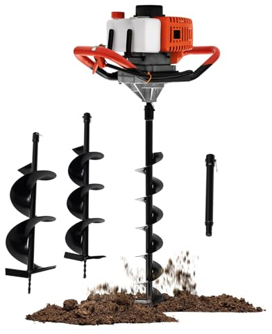 BJTDLLX 52CC Petrol Auger Post Hole Digger 2-Stroke Earth Auger, 1.98HP Earth Auger Digging Machine with 3 Replacement Drill Bits 4, 6, 8 & 12 Extension Rod, Fence Post Digger