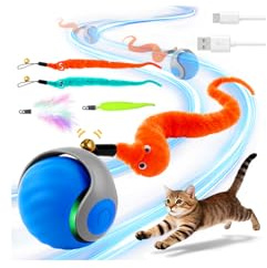 Interaktives Katzenspielzeug Ball, USB Wiederaufladbarer Katzenball Elektrisch, 2 Modi Automatisch Interaktiver Spielball für Katzen 360° Katzenspielzeug Selbstbeschäftigung mit 4 Ersatzschwanz