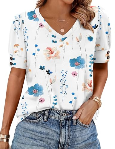 Rapbin Bluse Damen V-Ausschnitt Kurzarm Locker Top Tunika Ärmel mit Knöpfen | Kurzarm Top Tunika Locker Sommer Elegant Casual Oberteile