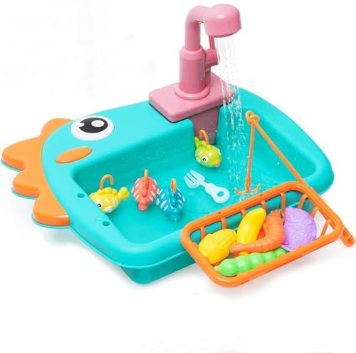 Ensemble de Jouets pour évier de Cuisine pour Enfants avec Jeu de pêche Vaisselle Robinet pour Leau Courante Play Food Accessoires Jouets de Jeu de Rôle Cadeaux,Vert