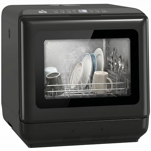 HOMCOM Lavastoviglie da tavolo con serbatoio d'acqua integrato 6L Nero | Mini lavastoviglie, 5 programmi, comando touch, display LED, 4 coperti, doppia acqua, asciugatura ad aria