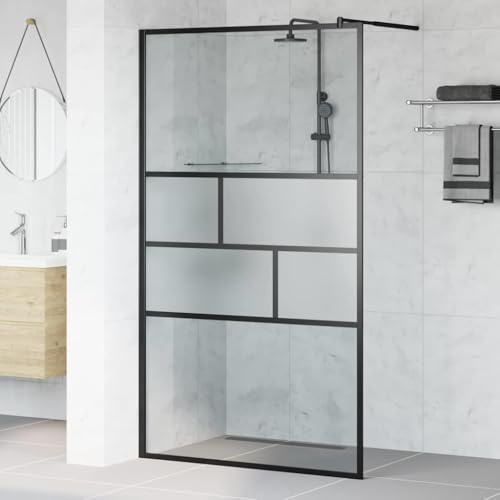QUAHEAS Walk-in Duschwand Schwarz aus Glas und Aluminium 115 x 195 x 0,5 cm, rahmenlose Duschabtrennung mit satiniertem Glas, Spritzschutz und Seitenwand für barrierefreies Badezimmer