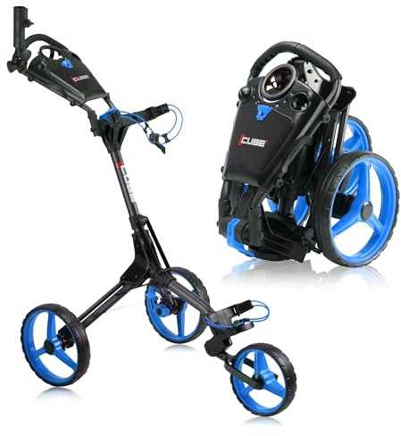 Cube CART 3 Wheel Push Pull Golf CART - Two Step Open/Close - Smallest Folding Lightweight Golf CART in The World - Choose Color! (Charcoal/Blue)