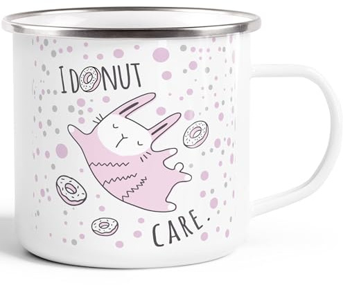 MoonWorks® Emaille-Tasse mit Spruch I donut care Hasen Motiv Emaille-Becher Kinderbecher rosa lustig Weiss-metall Emailletasse
