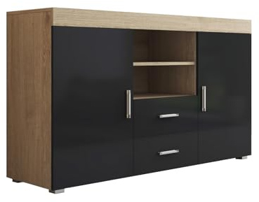 MB Muebles Bonitos | Buffet Roque pour Salon et Salle à Manger Moderne | Meuble TV en Mélamine | Couleur Sonoma Mat et Noir Brillant | 140x80x40 cm
