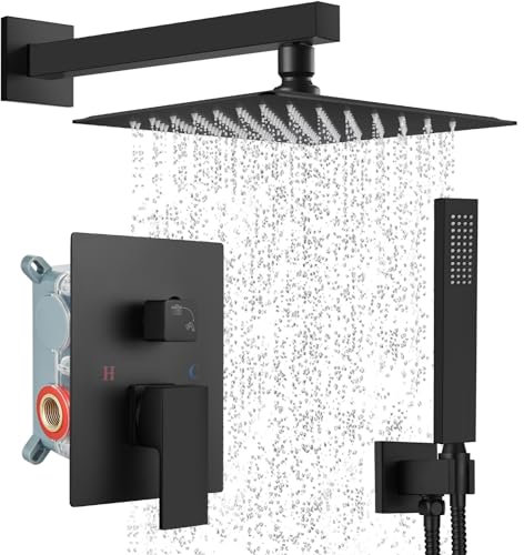 Midanya Duscharmatur-Set, Wandmontage, Duschsystem mit quadratischem Regenduschkopf und Handsprüher, grober Ventilkörper und Verkleidungsset im Lieferumfang enthalten, 25,4 cm, Mattschwarz