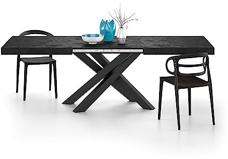 MOBILI FIVER, Ausziehbarer Esstisch Emma 160(240) x90 cm, Schwarzer Beton mit Schwarzen gekreuzten Beinen, Made In Italy