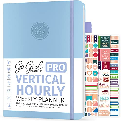 GoGirl Planner PRO-schema – Odaterad planerare med tidsluckor per timme, månatlig, vecko- och daglig organisatör, mötesbok för tidshantering, 18 x 25,5 cm, inbunden, varar 1 år – periwinkle