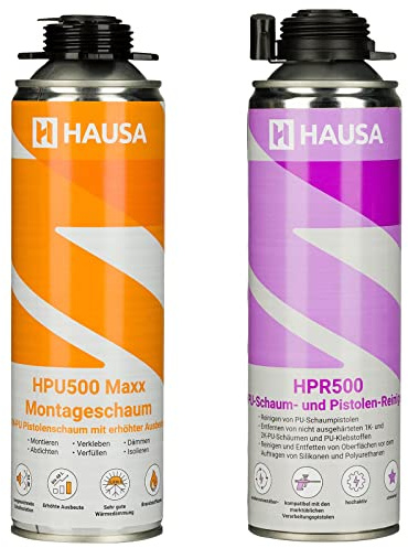 HAUSA Bauschaum-Set 1x Montageschaum 500ml grau inkl. 1x Pistolen-Reiniger 500ml; Pistolenschaum zum Verfüllen, Dämmen & Abdichten, extrem hohe Ausbeute, ausgezeichnete Dämm- & Isoliereigenschaften