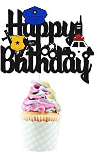 LEEMASING 10 Stück Glitzerpapier Polizei Happy Birthday Kuchendekoration Cupcake Dessert Dekor Zubehör für Polizisten Geburtstag Party Dekoration Zubehör