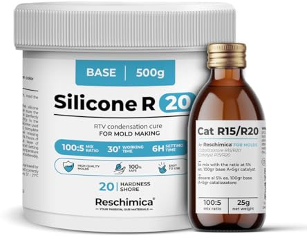 Reschimica Caoutchouc de Silicone R20 (500 GR) pour Moule Souples 20 ShoreA | Bi-Composant, Durcissement Rapide (6h), Caoutchouc de Coulée Blanc Semi-Brillant pour la Reproduction de Modèles et Bijoux