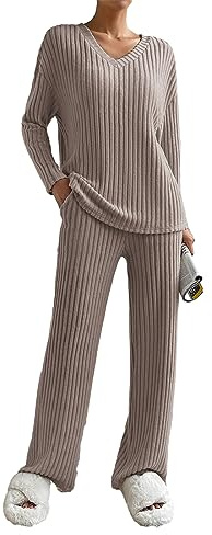 SotRong Ribbade loungekläder i set för kvinnor, matchande, komplett set i 2 delar, träningsoverall, pyjamas, myskläder, sovkläder, hemmakläder, A-khaki, M
