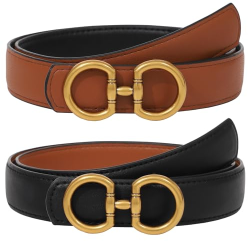 AWAYTR Wendegürtel für Frauen - Zwei-in-Eins-Frauen-Modischer Ledergürtel für Jeans mit goldener Schnalle, schwarz/braun, Fit Waist: 26-34