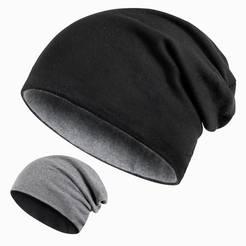 Kiiwah 2 in 1 Reversible Beanie XXL, 58–68 cm Großer Kopf Slouch Beanie Mütze Lange, Strickmützen Winter Chemo Mütze für Herren Damen, Schwarz + Grau