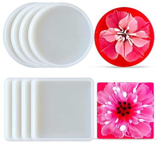 Midnadiy 8pcs Verdickt Silikonformen Gießformen, Silikonform Tablett sind Leicht zu Lösen, Silikonformen Epoxidharz für Untersetzer DIY Handwerk Heimdekoration (4 Rund+4 Quadrat)