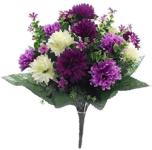 ARIATI Artificial Flowers 41cm Spikey Mum Chrysanthemum Large Mix Bush Lilac Purple & Cream Flowers for Graves, Home Decor, Valentine, Garden Wedding Party Floral Decoration