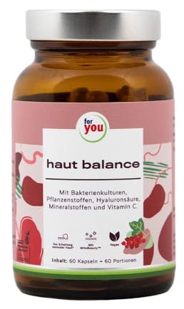 for you haut balance - 60 Kapseln (40,4 g) mit Bakterienkulturen, MitoBeauty, Pflanzenstoffen, Hyaluronsäure, Mineralstoffen & Vitamin C - Zur Unterstützung der Hautgesundheit, zur Erhaltung der Haut