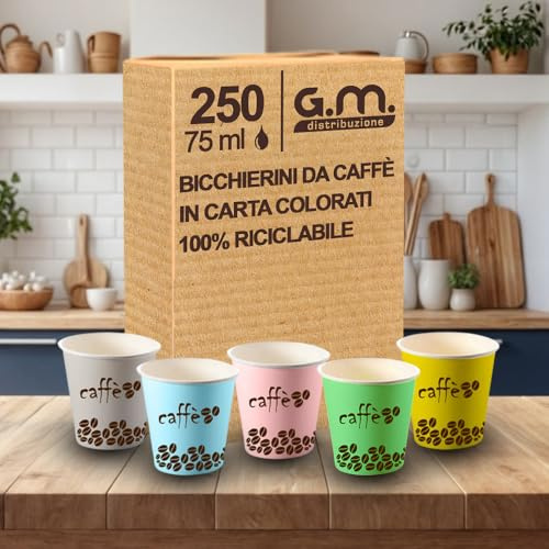 250 Pezzi Bicchieri da Caffè in Carta Colorati con Grafiche Miste, 75 ml, Biodegradabili Biocompostabili, Usa e Getta, Ideale per Casa, Ufficio, Asporto Bevande Calde
