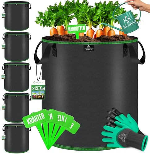 KESSER® Pflanzsack 27 Liter - 5er Set | Pflanzsäcke aus Vlies-Stoff inkl. Schildchen & Gartenhandschuhe | Kartoffel-Pflanztasche mit Fenster & Griffen | Pflanzbeutel für Gemüse Blumen Früchte Schwarz