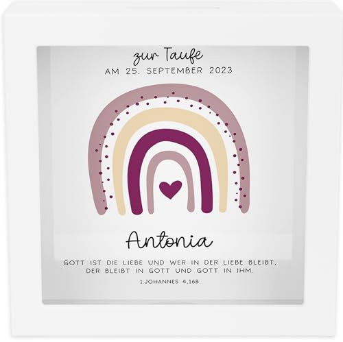 kleinebuchstaben® Spardose Taufe personalisiert Holz mit Namen zur Geburt Kommunion Konfirmation Mädchen mit Taufspruch und als Geldgeschenk – Taufgeschenk, Paten/Patin - Motiv: Regenbogen Rosa