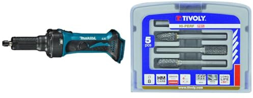Meuleuse droite 18V Li-Ion LXT (Machine seule) - Makita DGD800Z & TIVOLY - Coffret de 5 Fraises Limes Ø8 mm pour Métaux - Queue Cylindrique Ø6 mm - Tête Carbure de Tungstène - Denture Brise-Copeaux