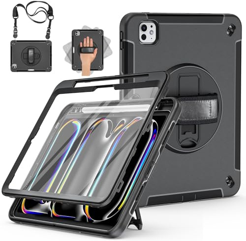 Miesherk Hülle für iPad Pro 11 Zoll 2025/2024 M5/M4 Schwarz | Militärische robuste stoßfest Case mit Displayschutzfolie, Stifthalter, Drehbare Ständer/Handschlaufe, Schultergurt