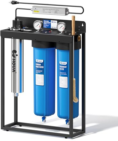 HQUA WF3-03 Système de filtration d'eau autoportant en 3 étapes pour toute la maison, filtre UV inclus, réduit les métaux lourds (plomb, mercure, cuivre, nickel, chrome), chloramine, sédiments, odeurs