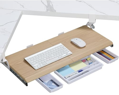 ETHU Tastaturablage unter dem Schreibtisch 680 x 300 mm, Ausziehbare Tastaturablage mit 180° Verstellbarer C-Klemme für L-förmigen Schreibtisch, Computer-Tastaturständer für Zuhause und Büro,Oak