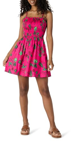 Amazon Essentials Vestido con Corpiño Nido de Abeja de Satén de Algodón de Corte Recto Mujer, Rosa Intenso Rojo Leafy Floral, L